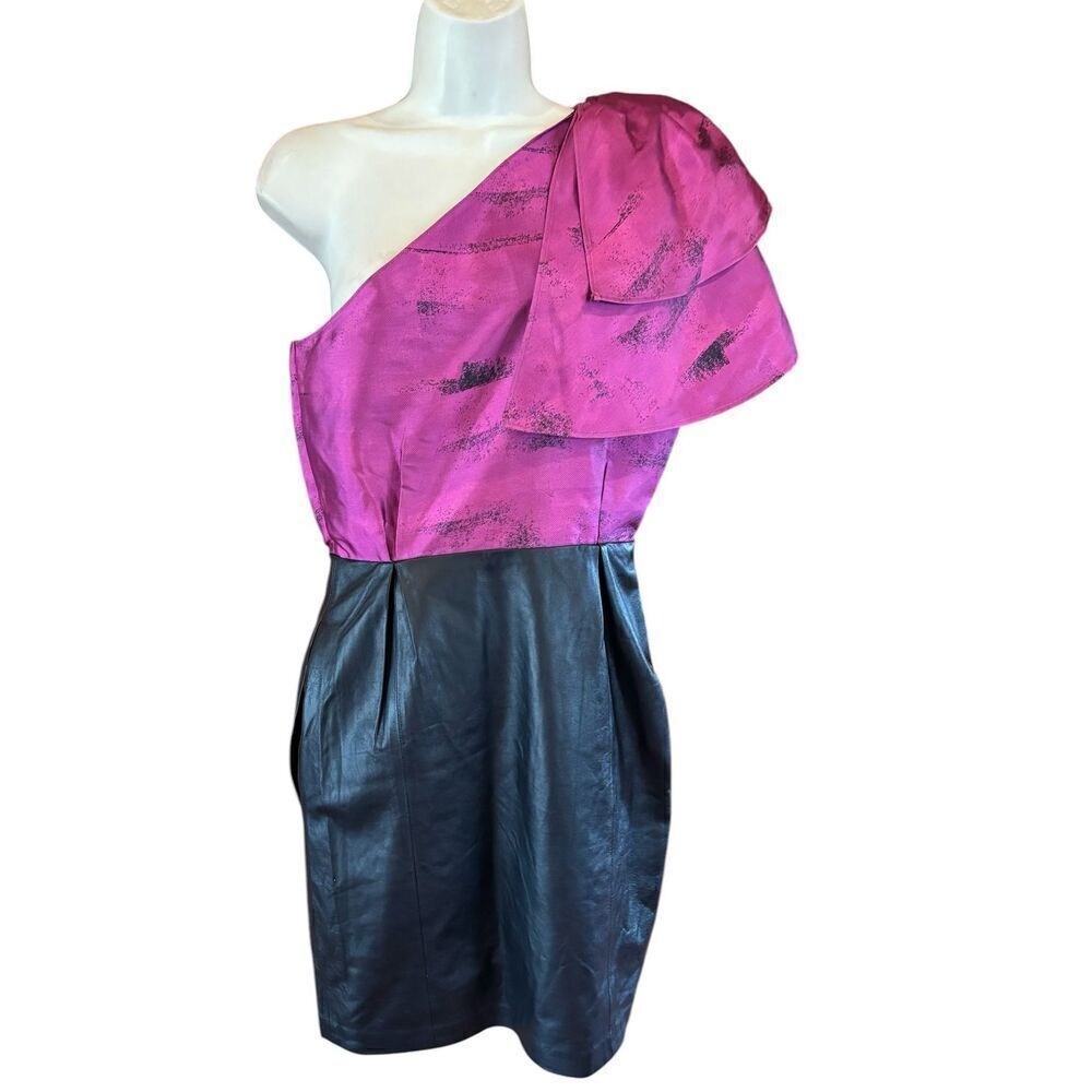 Noir by Sachin & Babi Fushia & Black Leather One Shoulder Dress NWT Size 4